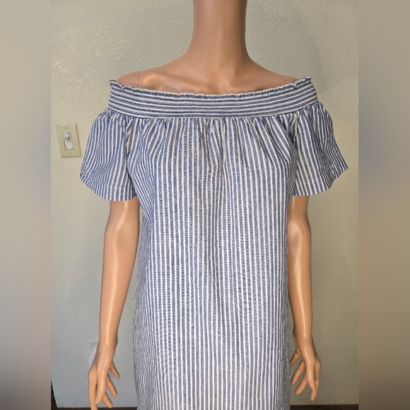 J Crew Size 10 Chambray Blue/White Stripe Dress w/Elastic Neckline Off Shoulder - Picture 3 of 12